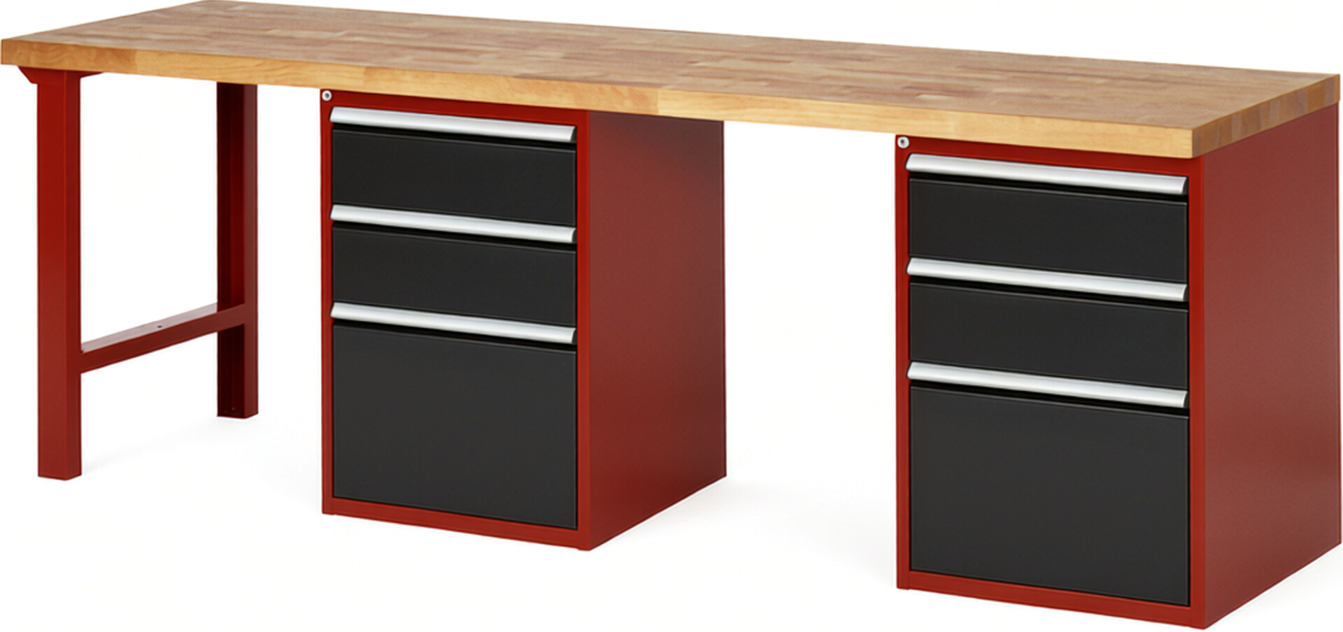 Werkbank Modell 7507 rot - schwarz, BxTxH 2500x700x890 mm,  Buche-Massiv Arbeitsplatte 40 mm,  6 Schubladen mit  Auszug 90 %