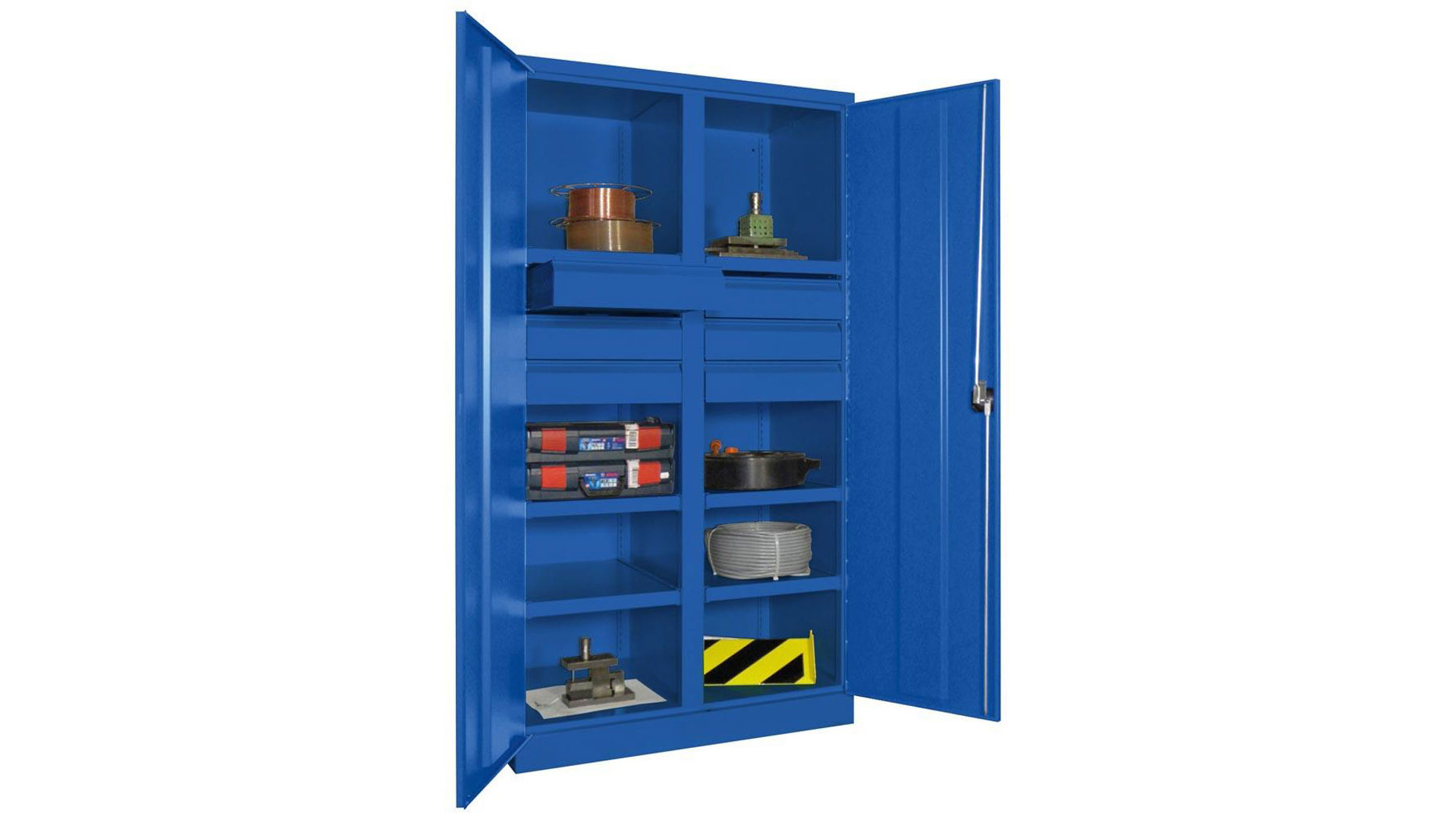 Schwerlastschrank - Vollblechtüren - Trennwand - 6 Böden - 6 Schubladen, 125 mm - 1.950x1.040x630 mm (HxBxT) - enzianblau