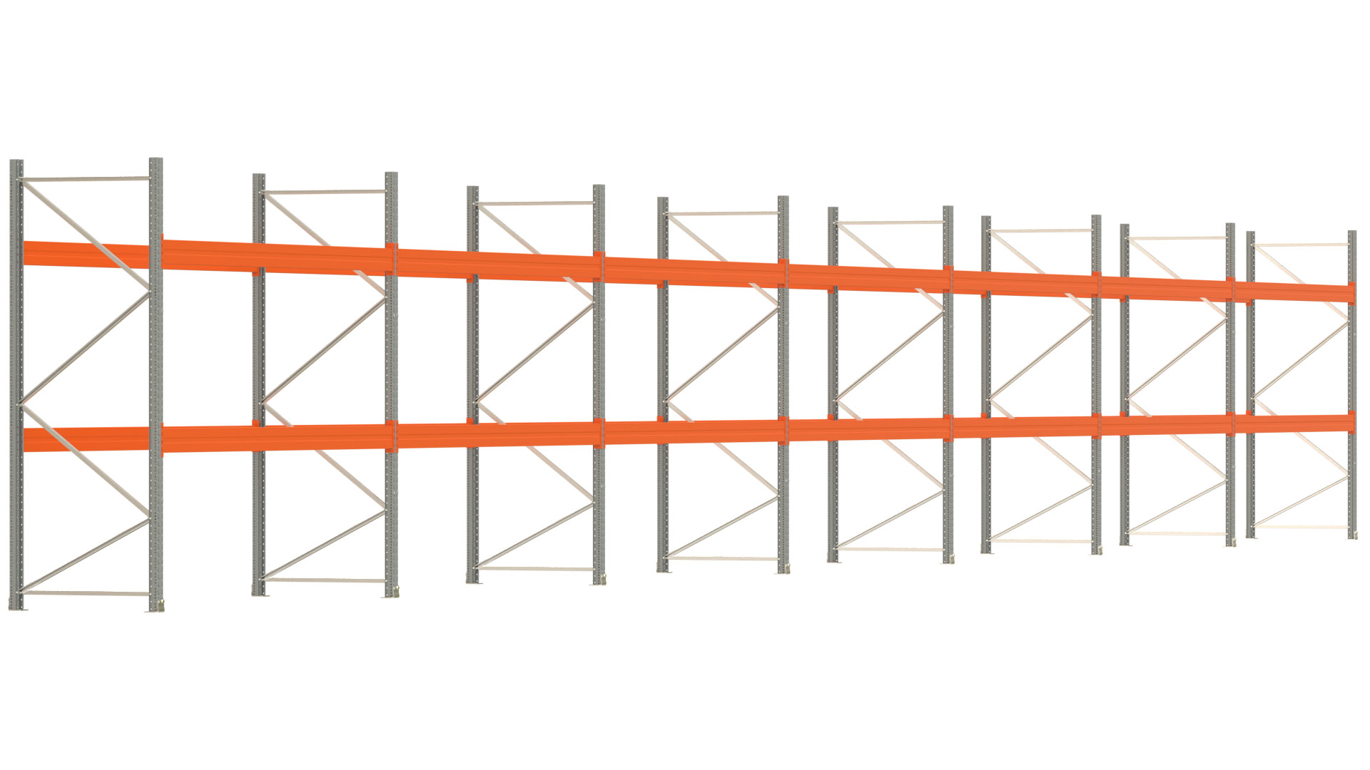 Palettenregal ARTUS - Breite 2588 cm - Höhe 300 cm - Tiefe 110 cm - 2 Träger-Ebenen - max. Fachlast 4000 kg - 84 Palettenstellplätze