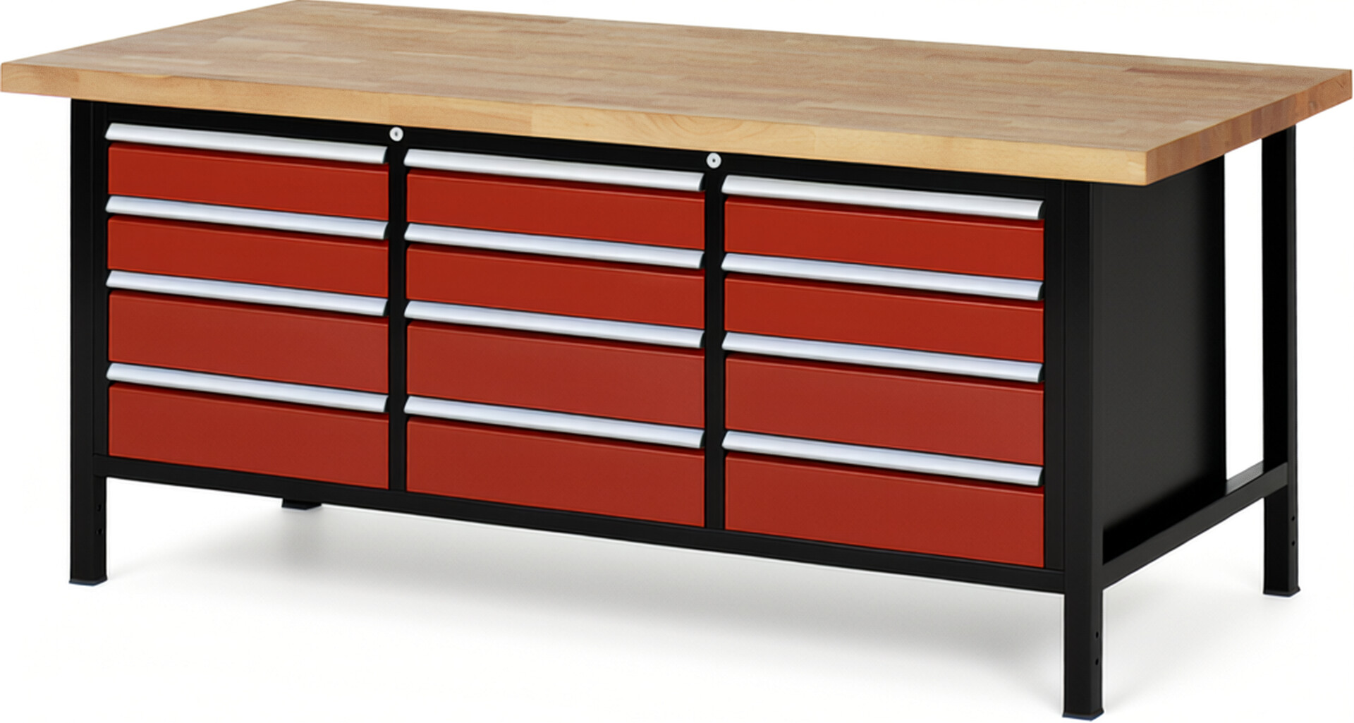 RAU Werkbank schwarz - rot - Breite 200 cm - Tiefe 90 cm - Höhe 104 cm - Buche-Massiv Arbeitsplatte 40 mm