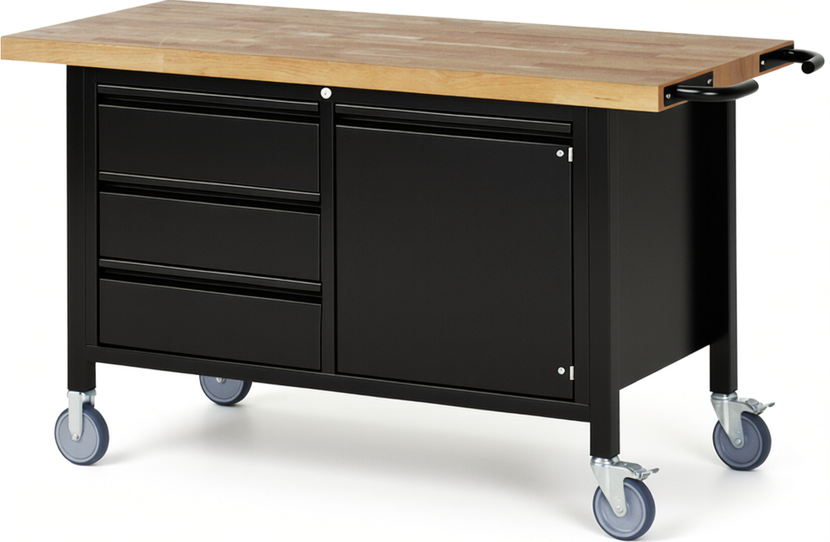 Fahrbare Werkbank - Modell 8468 BASIC schwarz, BxTxH 1500x700x880 mm,  Buche-Massiv Arbeitsplatte 40 mm,  3 Schubladen mit  Auszug 90 %