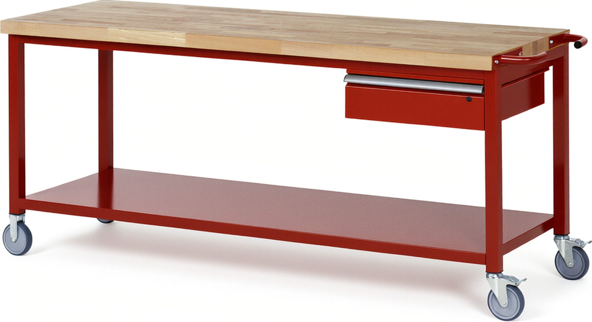 Fahrbare Werkbank Modell 8001 rot, BxTxH 2000x700x880-1080 mm,  Buche-Massiv Arbeitsplatte 40 mm,  1 Schublade mit  Auszug 90 %