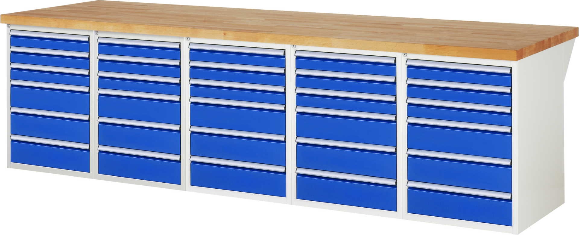 Werkbank Modell 7515 rot - schwarz, BxTxH 3000x900x890 mm,  Buche-Massiv Arbeitsplatte 40 mm,  30 Schubladen mit  Vollauszug 100 % und  SoftClosing