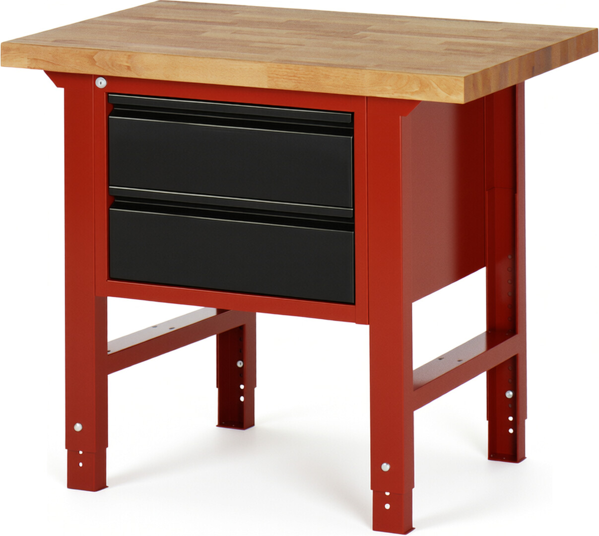 Werkbank rot - schwarz, BxTxH 1000x700x790-1140 mm, Platte Buche 40 mm 40 mm, 2 Schubladen 180 mm, RAL 3000/9011