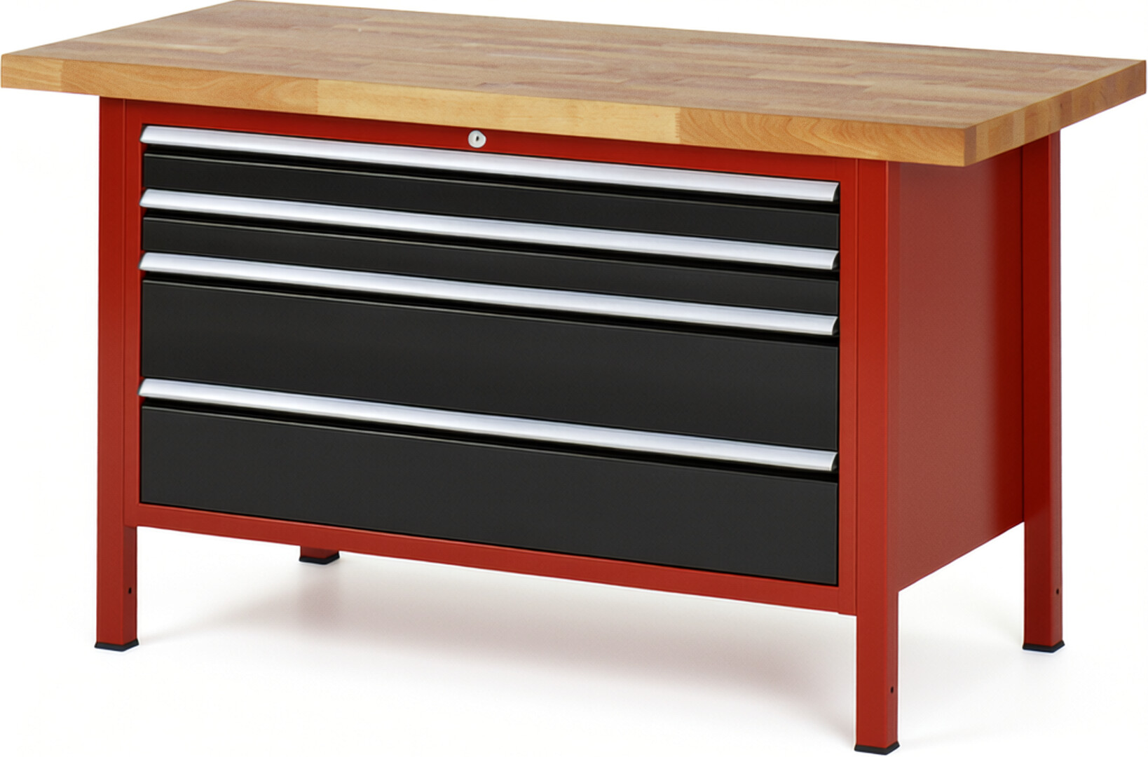 Werkbank Modell 8361 rot - schwarz, BxTxH 1500x700x840 mm,  Buche-Massiv Arbeitsplatte 40 mm,  4 Schubladen mit  Vollauszug 100 % und  SoftClosing