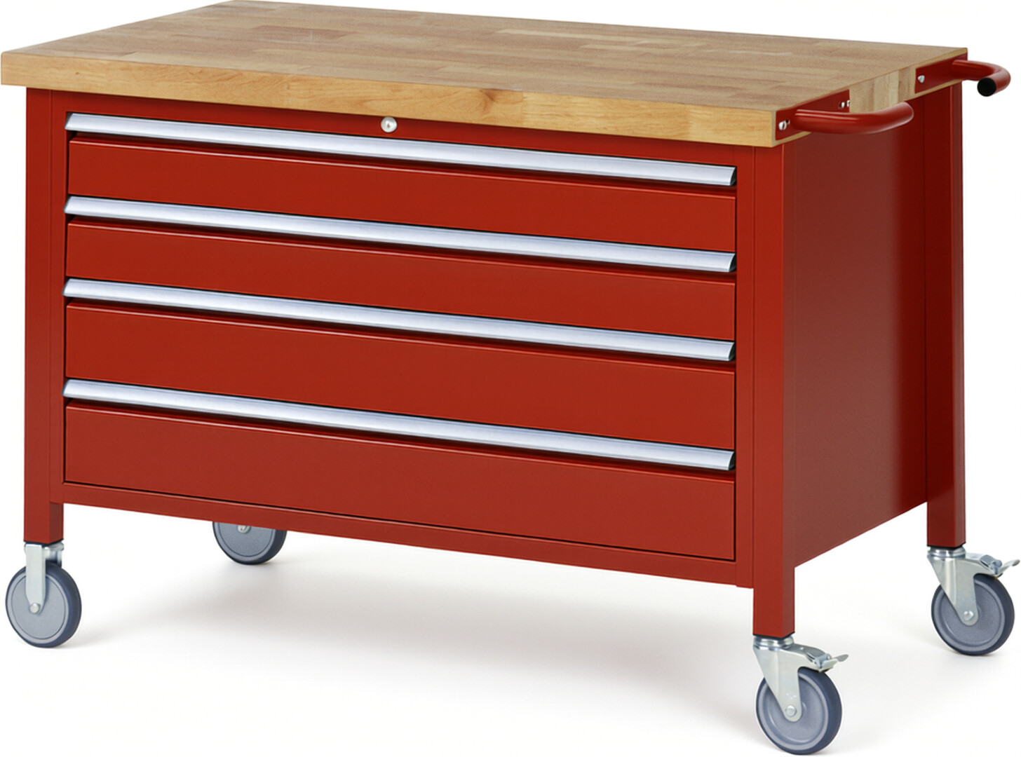 Fahrbare Werkbank Modell 8362 rot, BxTxH 1250x700x880 mm,  Buche-Massiv Arbeitsplatte 40 mm,  4 Schubladen mit  Vollauszug 100 % und  SoftClosing