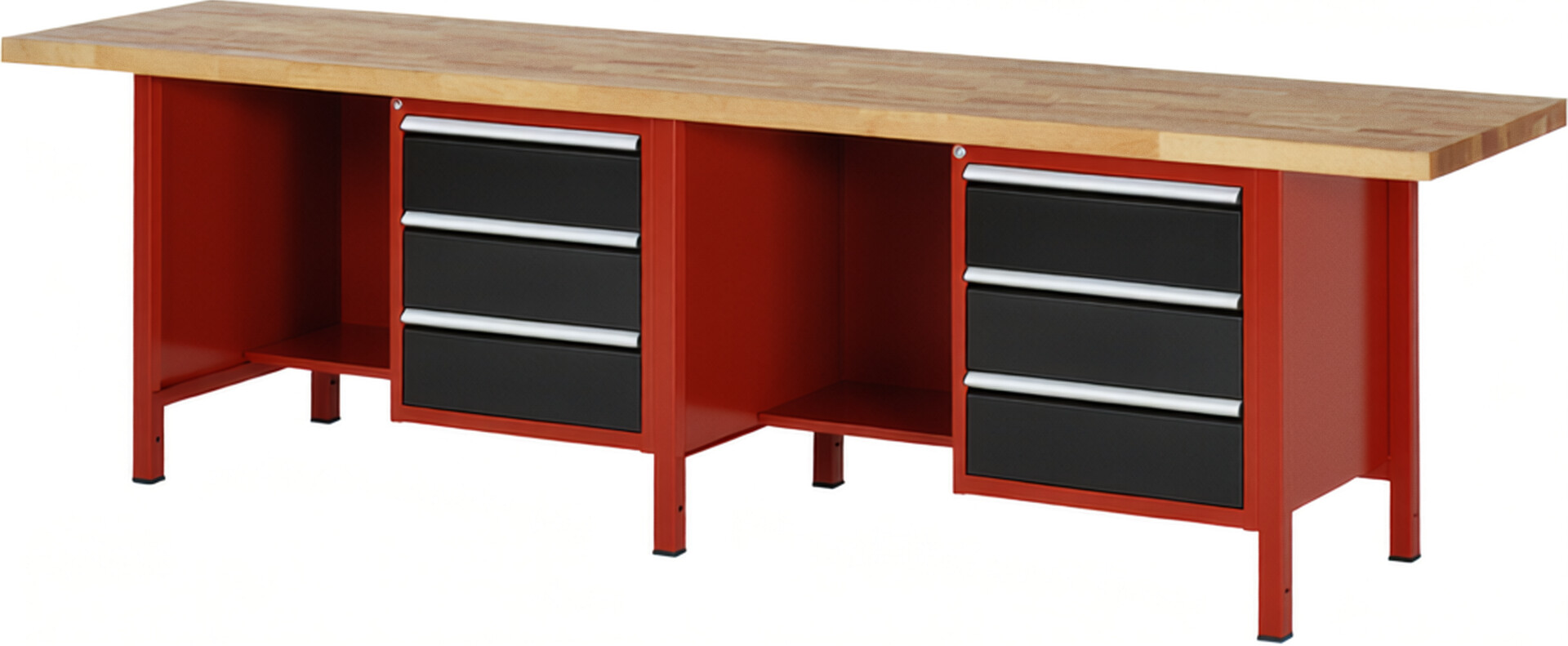 Werkbank Modell 8452 rot - schwarz, BxTxH 3000x700x840-1040 mm,  Buche-Massiv Arbeitsplatte 40 mm,  6 Schubladen mit  Auszug 90 %