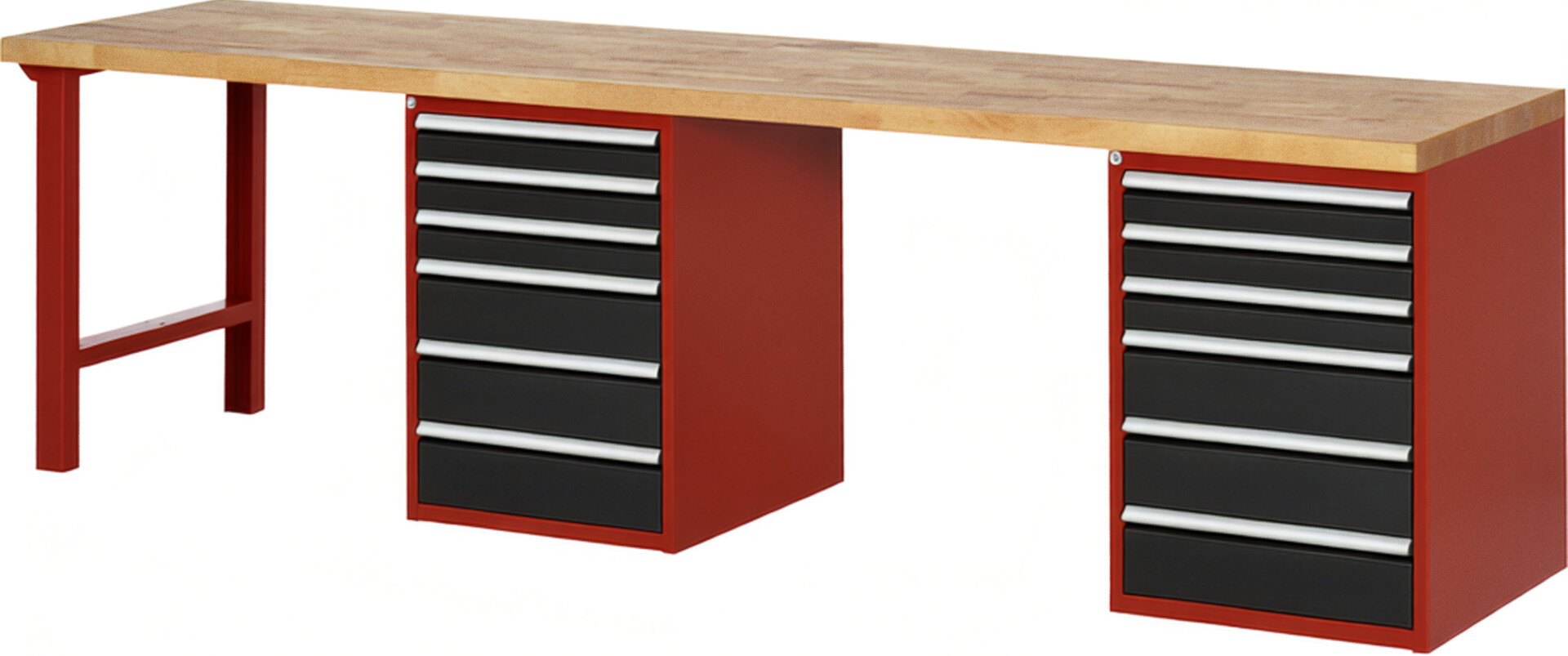 Werkbank Modell 7515 rot - schwarz, BxTxH 3000x700x890 mm,  Buche-Massiv Arbeitsplatte 40 mm,  12 Schubladen mit  Auszug 90 %