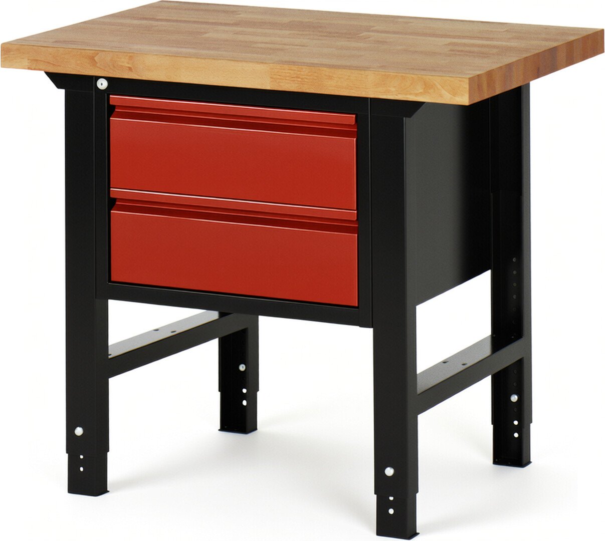 Werkbank schwarz - rot, Breite 100 cm, Tiefe 70 cm, Höhe 114 cm, 2 Schublade(n), Platte: Buche-Massiv-Arbeitsplatte
