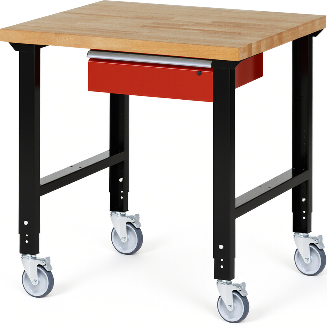 Fahrbare Werkbank Modell 7001 schwarz-rot, BxTxH 1000x900x950-1000 mm,  Buche-Massiv Arbeitsplatte 40 mm,  1 Schublade mit  Auszug 90 %