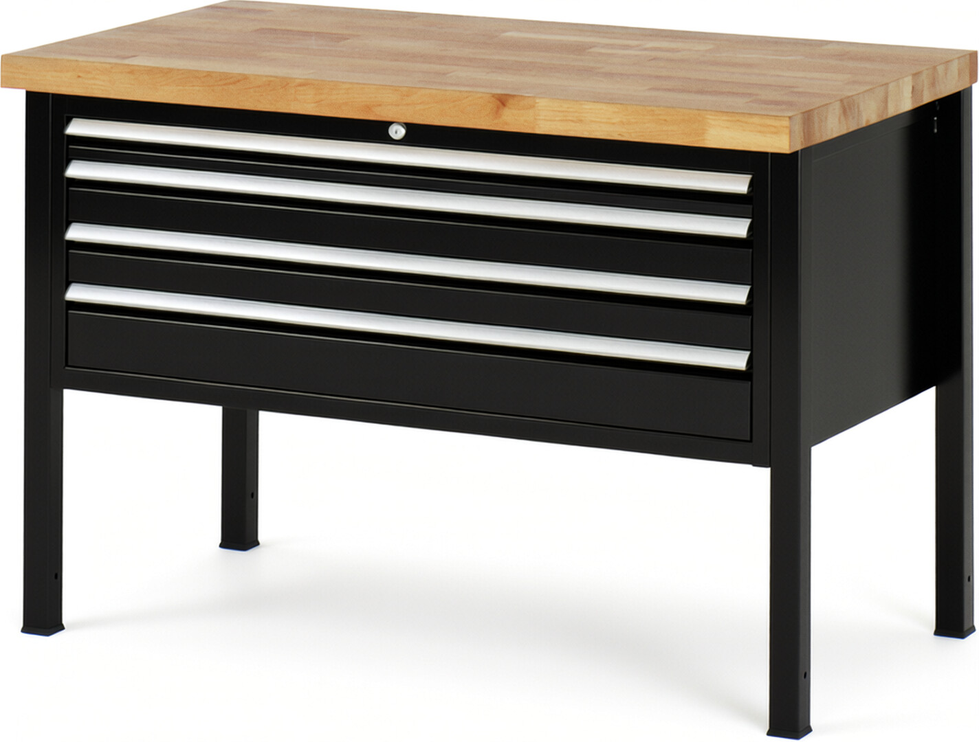 Werkbank Modell 8332 schwarz, BxTxH 1250x700x840 mm,  Buche-Massiv Arbeitsplatte 40 mm,  4 Schubladen mit  Vollauszug 100 % und  SoftClosing