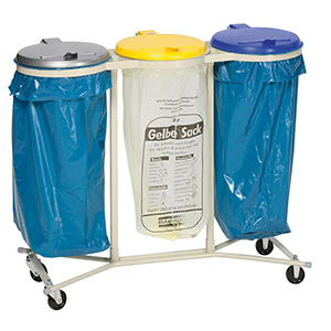 Müllsackständer, Abfallsammler, mit Rollen, 3-Fach, kieselgrau,Deckel silber, gelb und blau aus Kunststoff, BxTxH 1200x510x980 mm