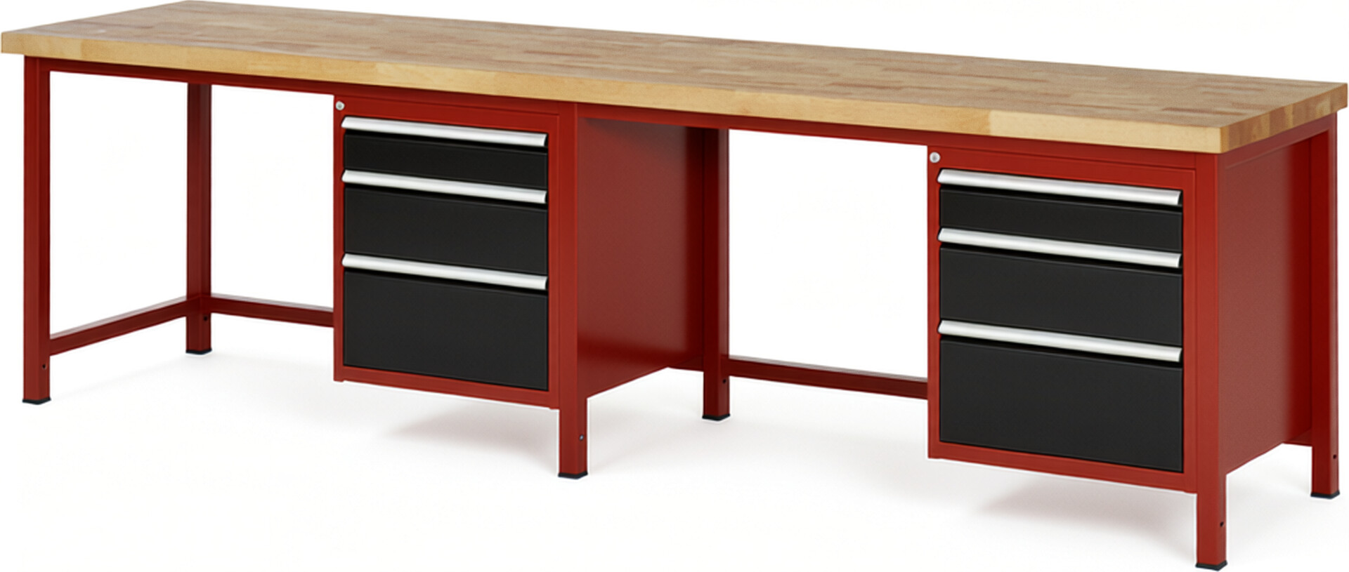 Werkbank Modell 8159 rot - schwarz, BxTxH 3000x700x840-1040 mm,  Buche-Massiv Arbeitsplatte 40 mm,  6 Schubladen mit  Auszug 90 %