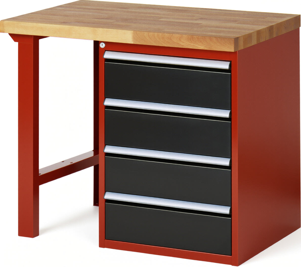 Werkbank Modell 7509 rot - schwarz, BxTxH 1000x900x840 mm,  Buche-Massiv Arbeitsplatte 40 mm,  4 Schubladen mit  Vollauszug 100 % und  SoftClosing