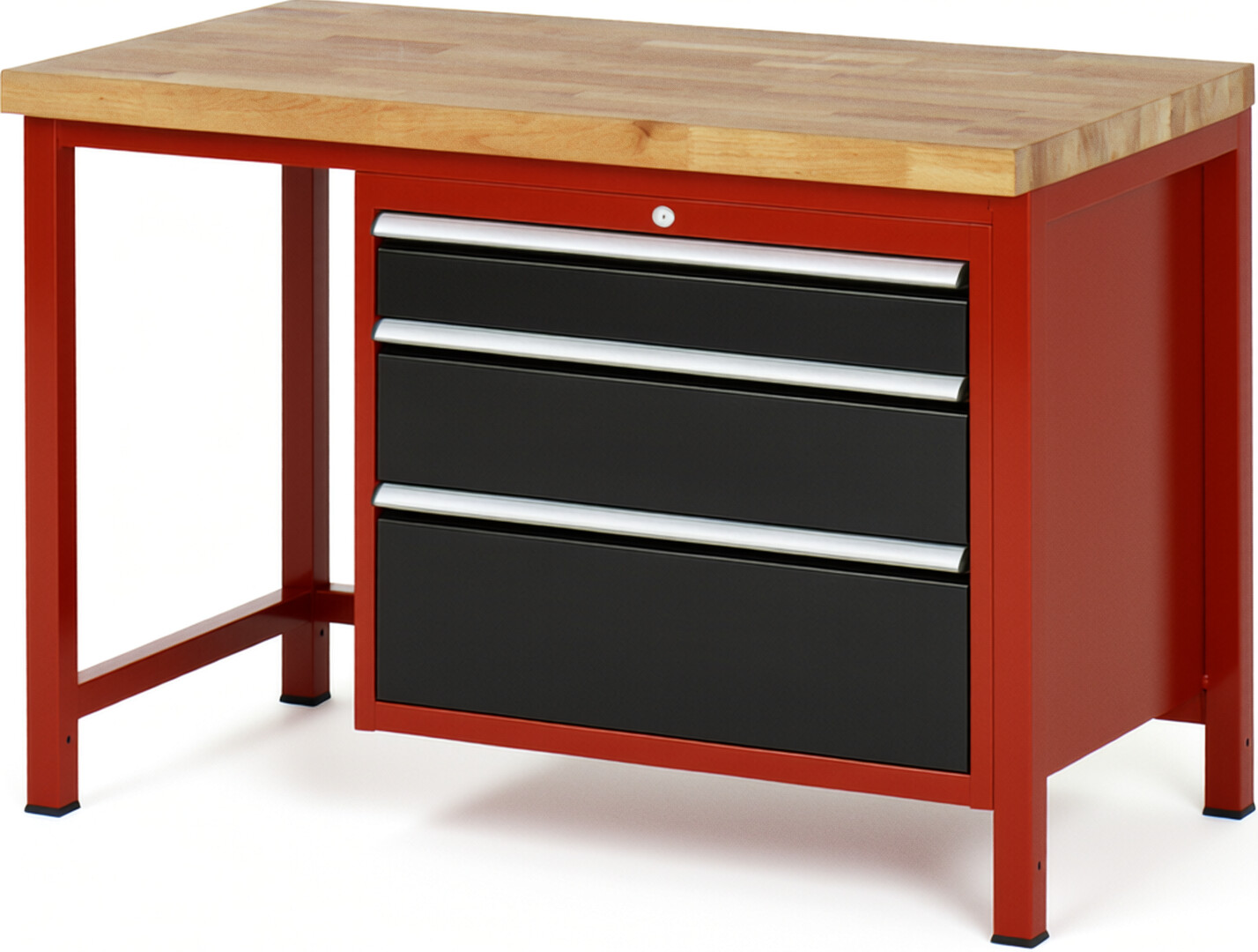 Werkbank Modell 8259 rot - schwarz, BxTxH 1250x700x840-1040 mm,  Buche-Massiv Arbeitsplatte 40 mm,  3 Schubladen mit  Auszug 90 %