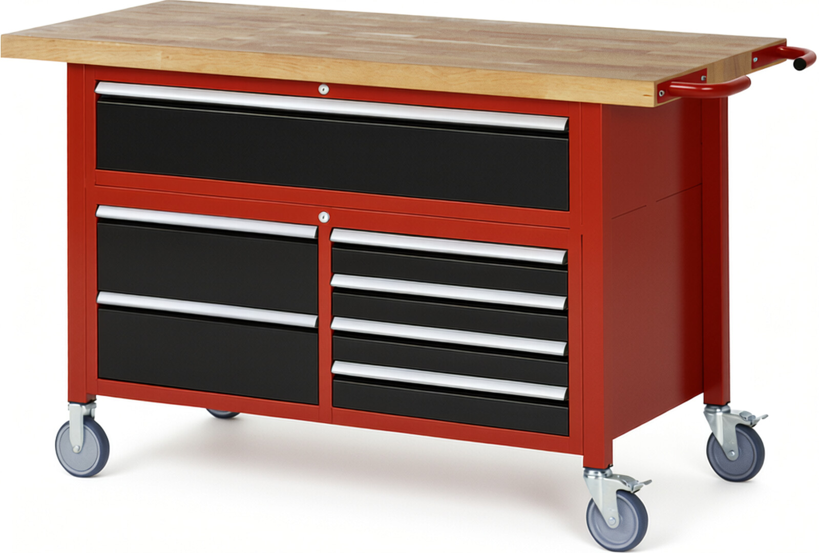Fahrbare Werkbank Modell 8921 rot - schwarz, BxTxH 1500x700x920-1120 mm,  Buche-Massiv Arbeitsplatte 40 mm,  7 Schubladen mit  Auszug 90 %