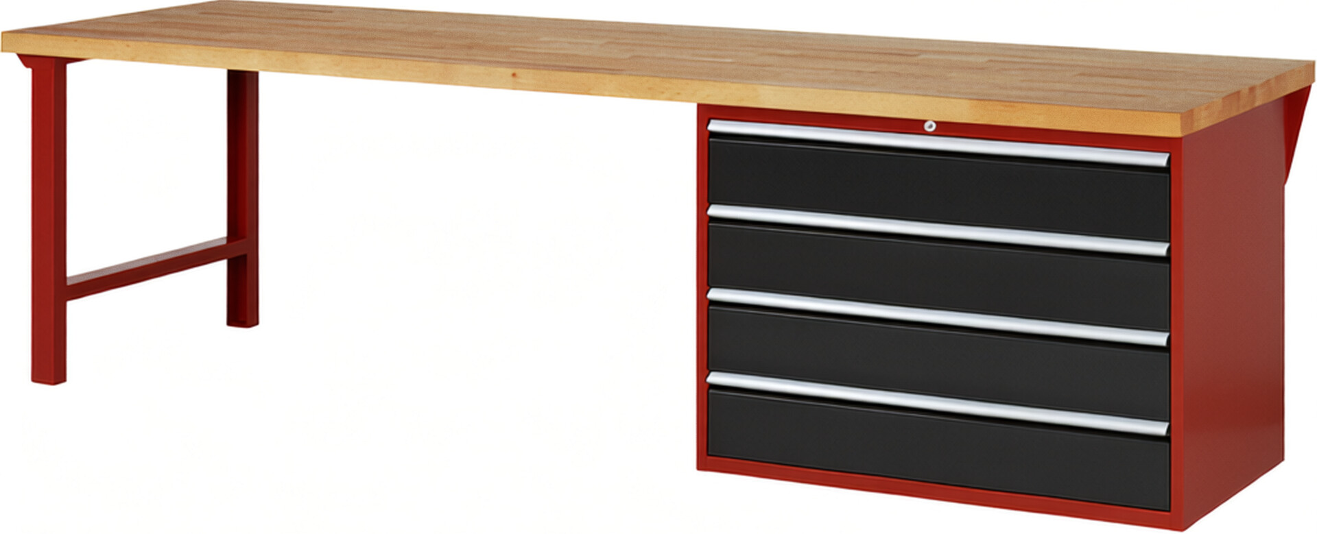 Werkbank Modell 7709 rot - schwarz, BxTxH 3000x900x890 mm,  Buche-Massiv Arbeitsplatte 40 mm,  4 Schubladen mit  Vollauszug 100 % und  SoftClosing
