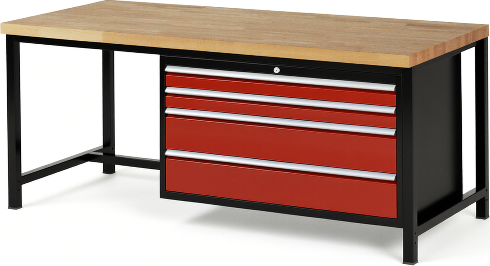 RAU Werkbank schwarz - rot - Breite 200 cm - Tiefe 90 cm - Höhe 84 cm - Buche-Massiv Arbeitsplatte 40 mm