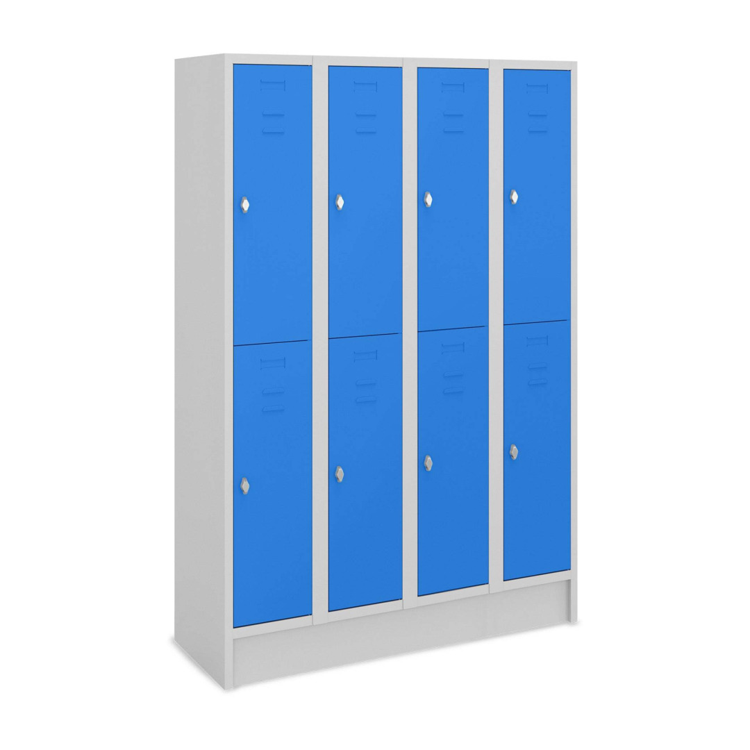 Doppelstock-Spind, 4 Abteile, 8 Fächer, Abteilbreite 30 cm, Höhe 180 cm, Breite 50 cm,  RAL 7035 Lichtgrau / RAL 5010 Enzianblau