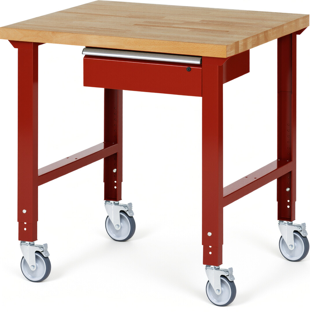 Fahrbare Werkbank Modell 7001 rot, BxTxH 1000x900x950-1000 mm,  Buche-Massiv Arbeitsplatte 40 mm,  1 Schublade mit  Auszug 90 %
