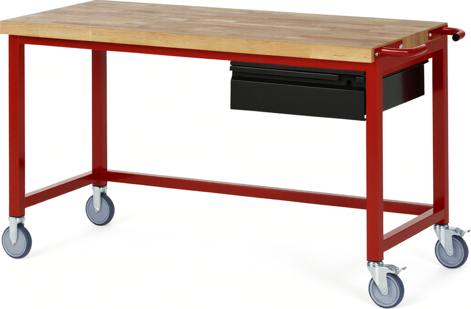 Fahrbare Werkbank - Modell 8001 BASIC rot - schwarz, BxTxH 1500x700x880 mm,  Buche-Massiv Arbeitsplatte 40 mm,  1 Schublade mit  Auszug 90 %