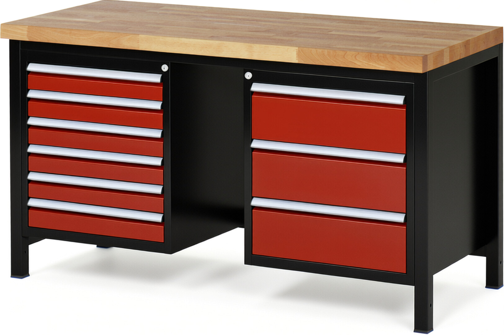 Werkbank Modell 8183 schwarz-rot, BxTxH 1500x700x840 mm,  Buche-Massiv Arbeitsplatte 40 mm,  9 Schubladen mit  Vollauszug 100 % und  SoftClosing
