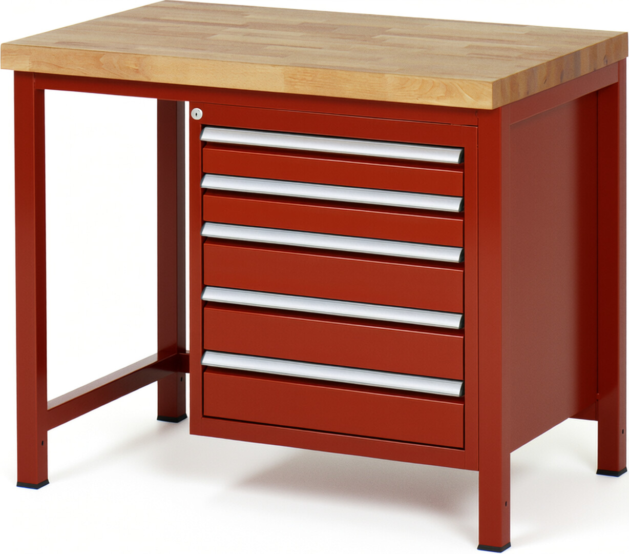 Werkbank Modell 8171 rot, BxTxH 1000x700x840-1040 mm,  Buche-Massiv Arbeitsplatte 40 mm,  5 Schubladen mit  Vollauszug 100 % und  SoftClosing