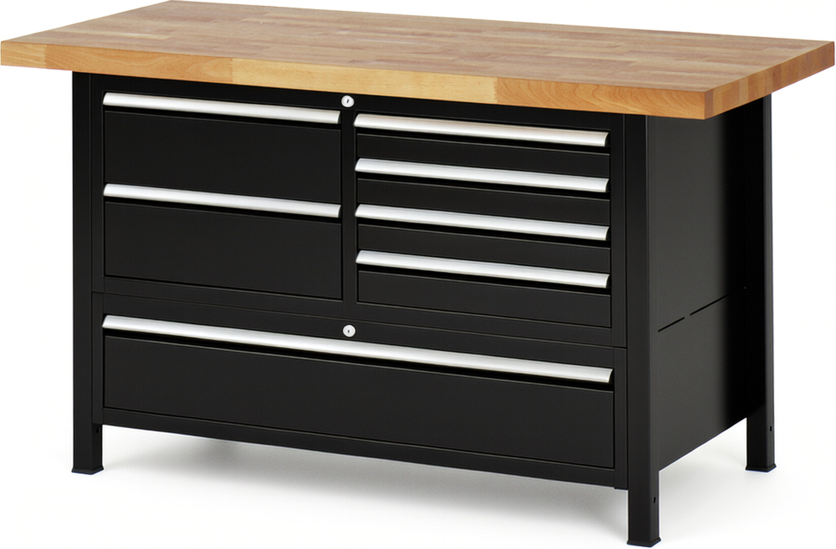 RAU Werkbank schwarz - Breite 150 cm - Tiefe 70 cm - Höhe 104 cm - Buche-Massiv Arbeitsplatte 40 mm