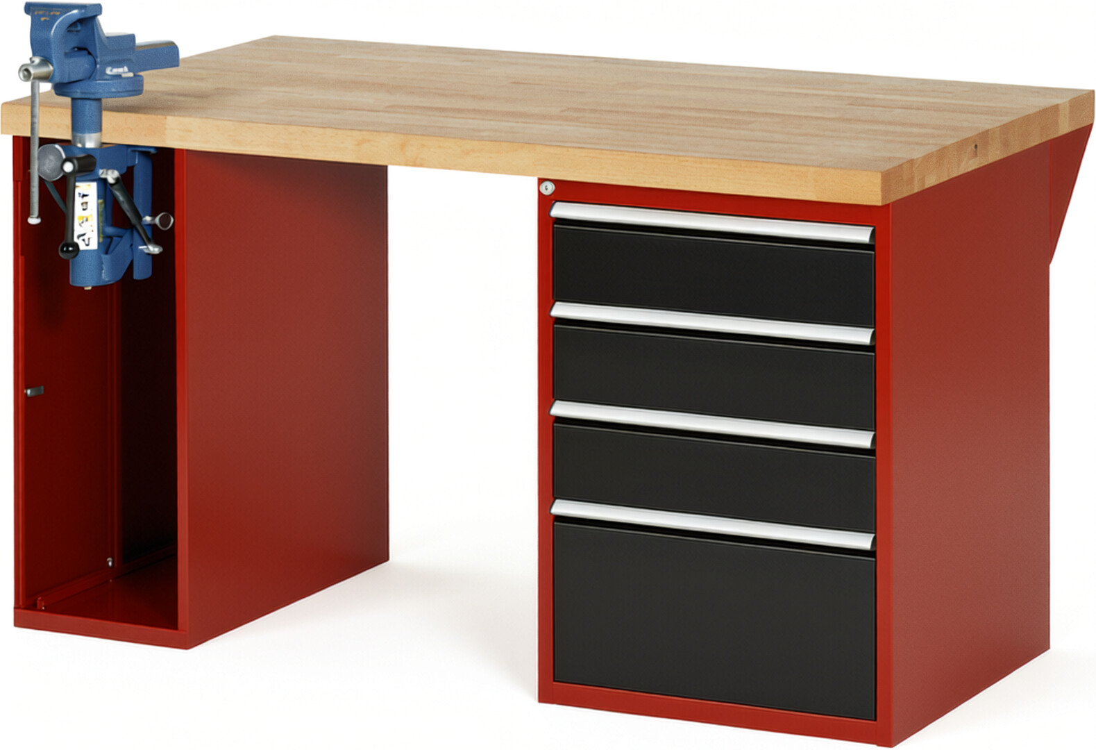 RAU Werkbank rot - schwarz - Breite 150 cm - Tiefe 90 cm - Höhe 84 cm - Buche-Massiv Arbeitsplatte 40 mm