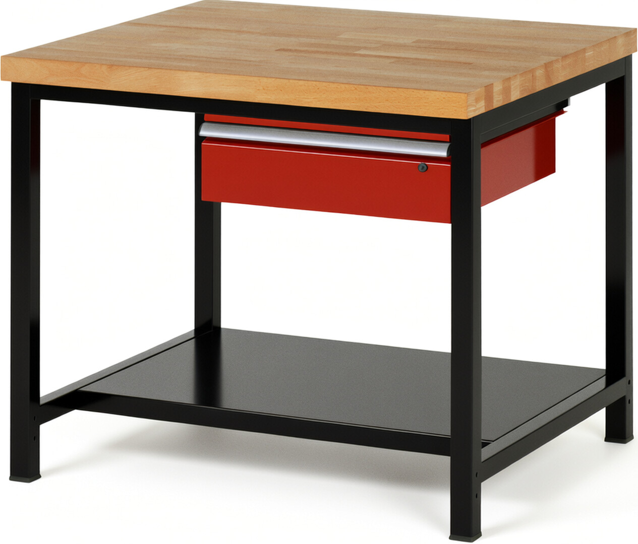 Werkbank Modell 8001 schwarz-rot, BxTxH 1000x900x840-1040 mm,  Buche-Massiv Arbeitsplatte 40 mm,  1 Schublade mit  Auszug 90 %
