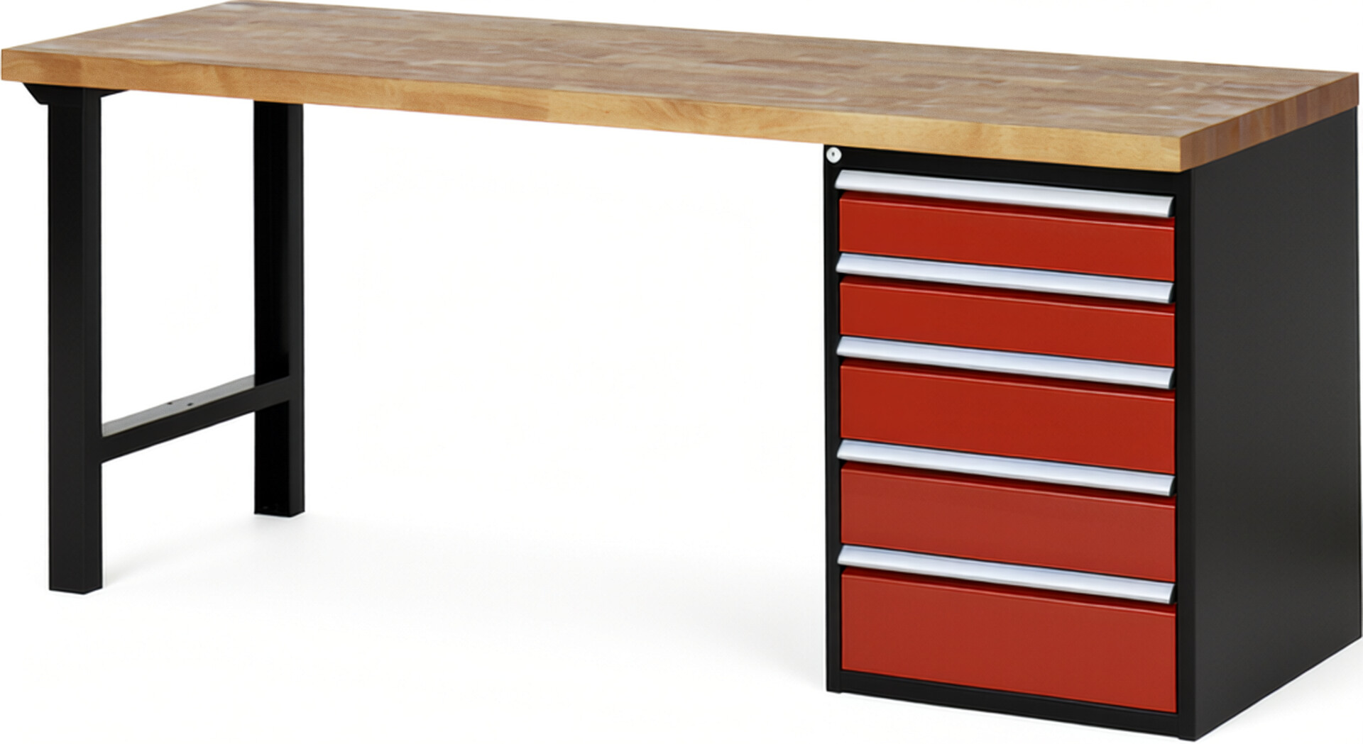 RAU Werkbank schwarz - rot - Breite 200 cm - Tiefe 70 cm - Höhe 84 cm - Buche-Massiv Arbeitsplatte 40 mm