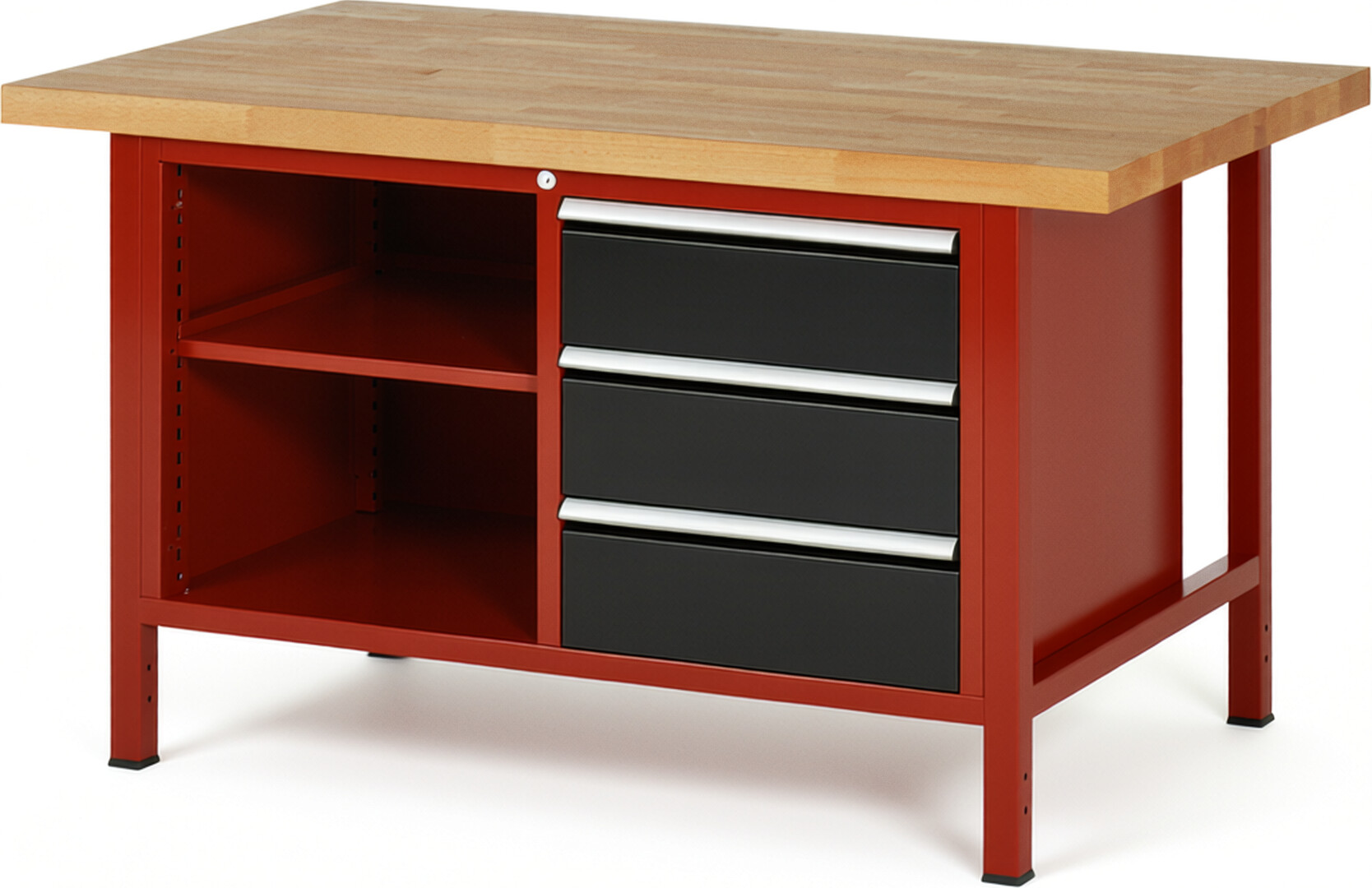 RAU Werkbank rot - schwarz - Breite 150 cm - Tiefe 90 cm - Höhe 84 cm - Buche-Massiv Arbeitsplatte 40 mm