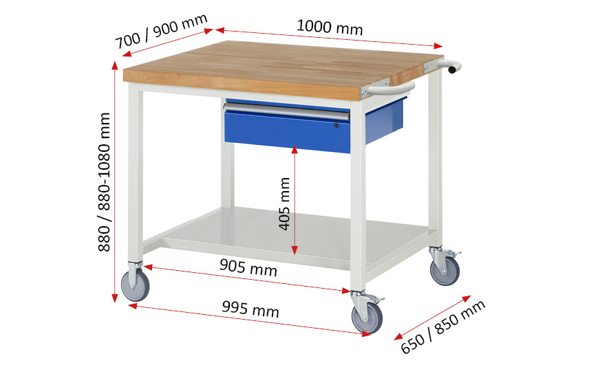 Fahrbare Werkbank Modell 8001 rot - schwarz, BxTxH 1000x700x880-1080 mm,  Buche-Massiv Arbeitsplatte 40 mm,  1 Schublade mit  Auszug 90 %