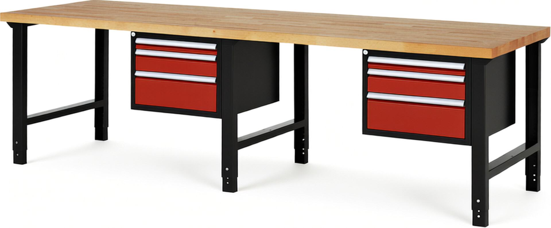 RAU Werkbank schwarz - rot - Breite 300 cm - Tiefe 90 cm - Höhe 114 cm - Buche-Massiv Arbeitsplatte 40 mm