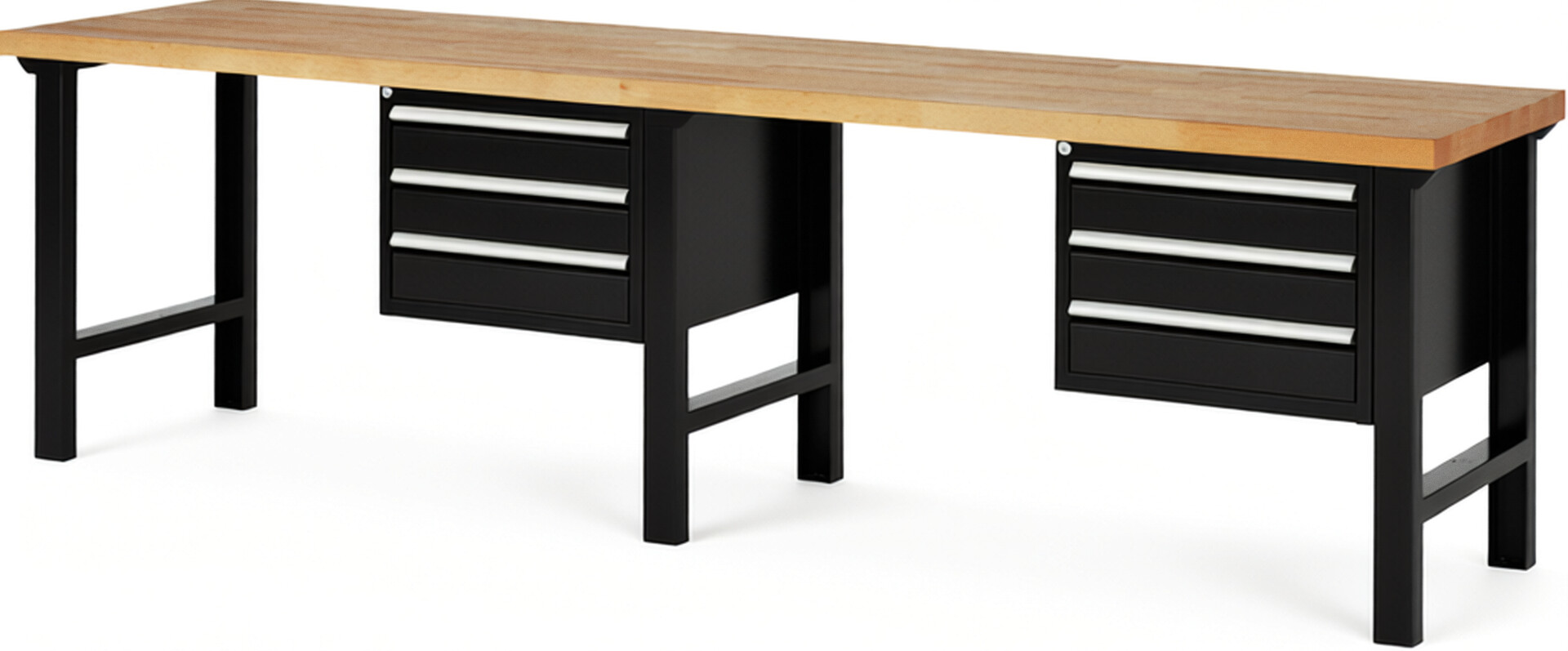 Werkbank Modell 7127 schwarz, BxTxH 3000x700x840 mm,  Buche-Massiv Arbeitsplatte 40 mm,  6 Schubladen mit  Vollauszug 100 % und  SoftClosing
