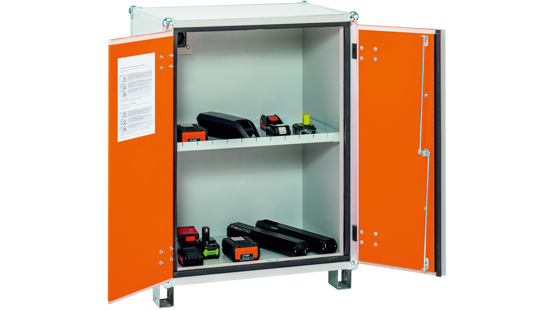 Sicherheitsschrank, Akku-Lagerschrank, Rauchmelder, BxTxH 800x660x1110 mm, Tür orange, mit Stapelfüßen, Korpus grau