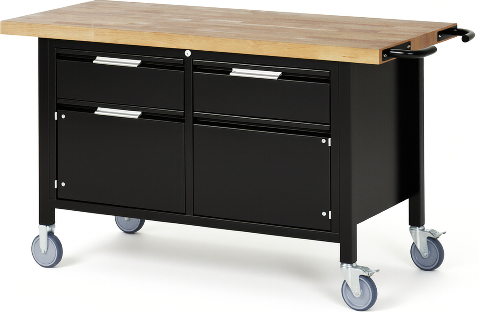 Fahrbare Werkbank - Modell 8466 BASIC schwarz, BxTxH 1500x700x880 mm,  Buche-Massiv Arbeitsplatte 40 mm,  2 Schubladen mit  Auszug 90 %