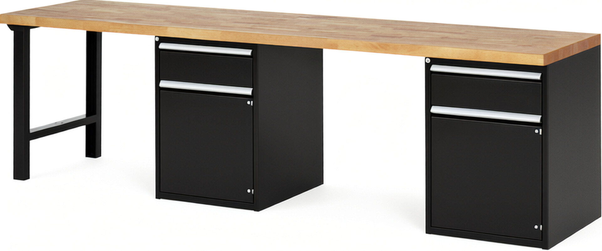 Werkbank Modell 7502 schwarz, BxTxH 3000x700x840 mm,  Buche-Massiv Arbeitsplatte 40 mm,  2 Schubladen mit  Vollauszug 100 % und  SoftClosing