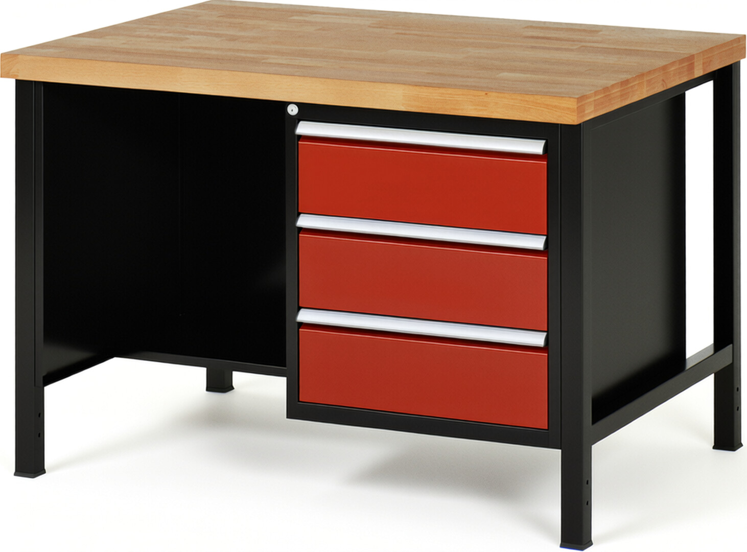 Werkbank Modell 8452 schwarz-rot, BxTxH 1250x900x840-1040 mm,  Buche-Massiv Arbeitsplatte 40 mm,  3 Schubladen mit  Vollauszug 100 % und  SoftClosing