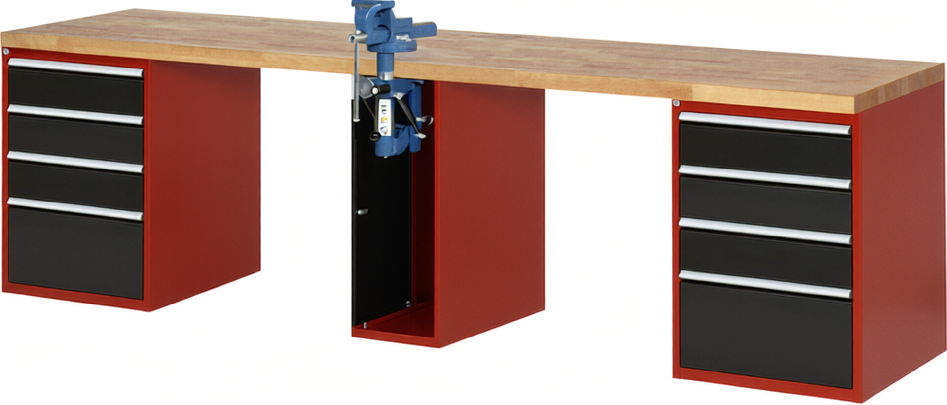 Werkbank Modell 7510 rot - schwarz, BxTxH 3000x700x840 mm,  Buche-Massiv Arbeitsplatte 40 mm,  8 Schubladen mit  Vollauszug 100 % und  SoftClosing