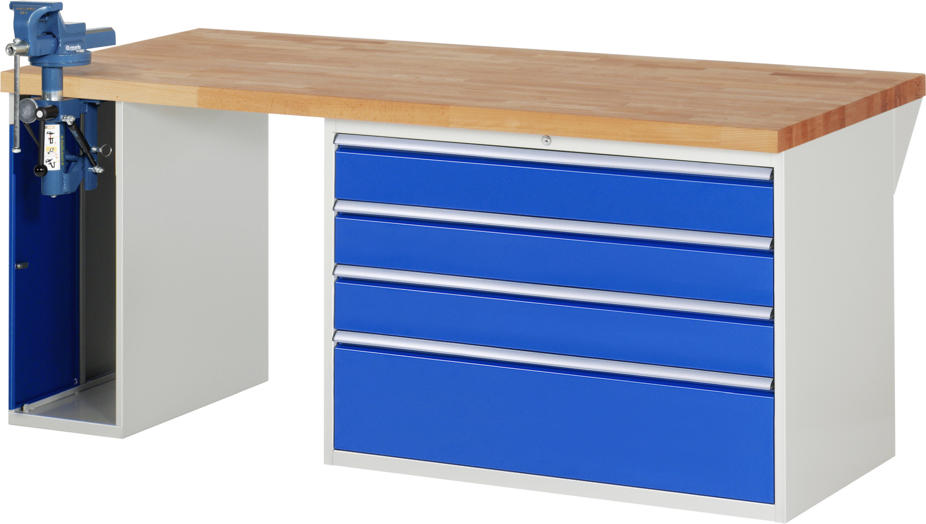 Werkbank Modell 7710 rot - schwarz, BxTxH 2000x900x890 mm,  Buche-Massiv Arbeitsplatte 40 mm,  4 Schubladen mit  Vollauszug 100 % und  SoftClosing