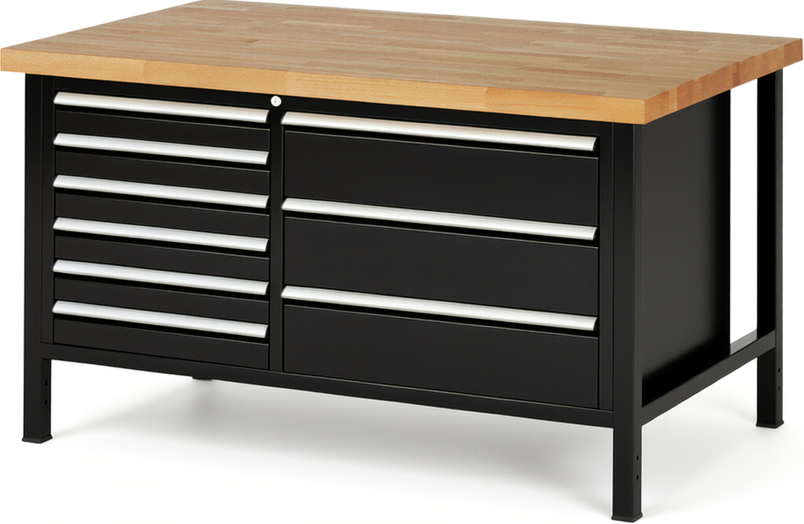 RAU Werkbank schwarz - Breite 150 cm - Tiefe 90 cm - Höhe 104 cm - Buche-Massiv Arbeitsplatte 40 mm