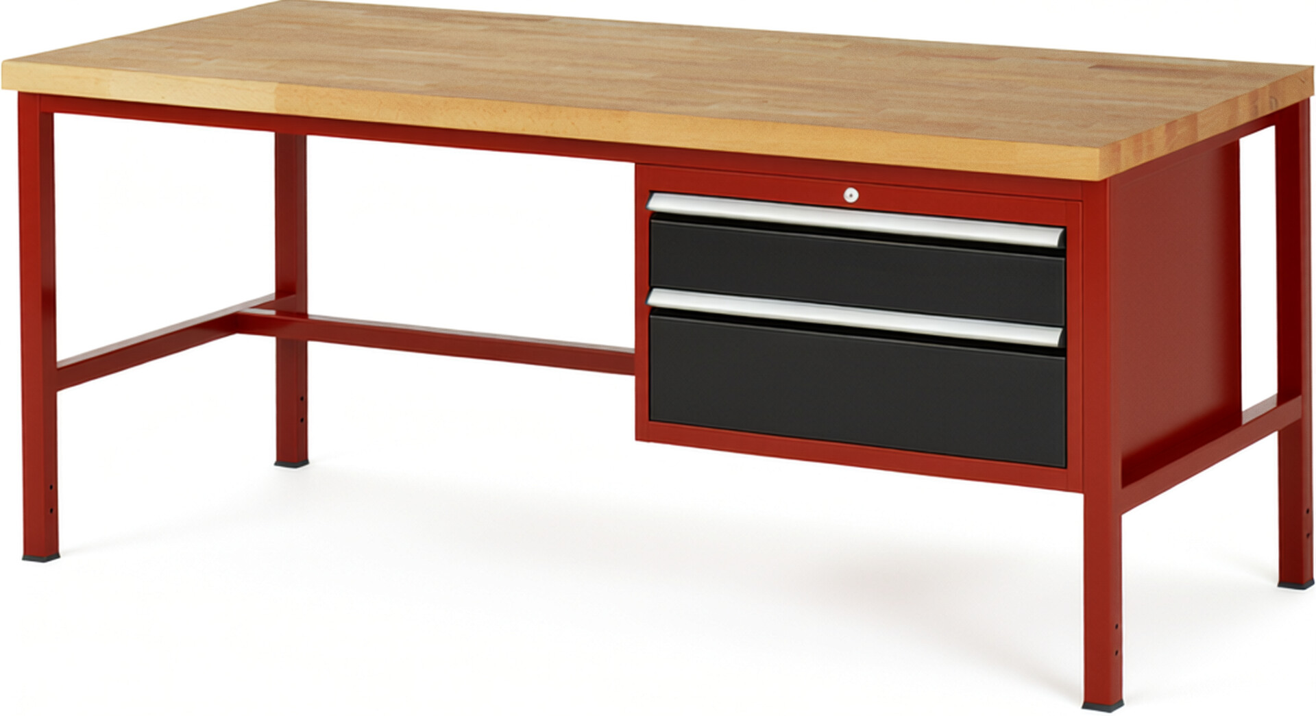 Werkbank Modell 8223 rot - schwarz, BxTxH 2000x900x840-1040 mm,  Buche-Massiv Arbeitsplatte 40 mm,  2 Schubladen mit  Auszug 90 %