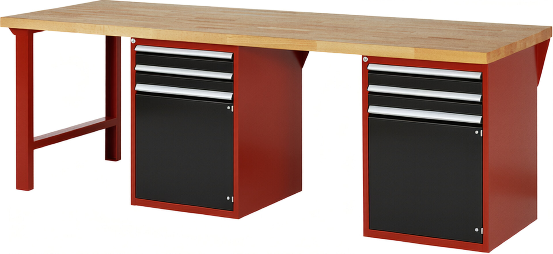 RAU Werkbank rot - schwarz - Breite 250 cm - Tiefe 90 cm - Höhe 84 cm - Buche-Massiv Arbeitsplatte 40 mm