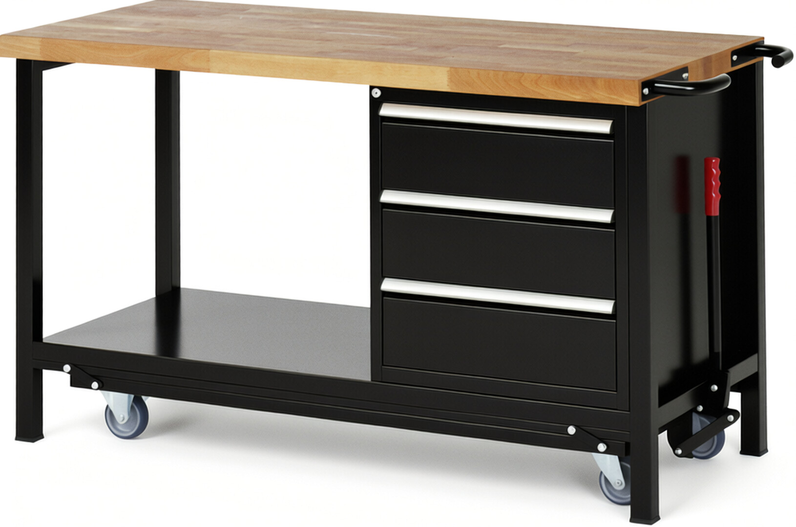 Absenkbare Werkbank Modell 8157 schwarz, BxTxH 1500x700x880 mm,  Buche-Massiv Arbeitsplatte 40 mm,  3 Schubladen mit  Vollauszug 100 % und  SoftClosing