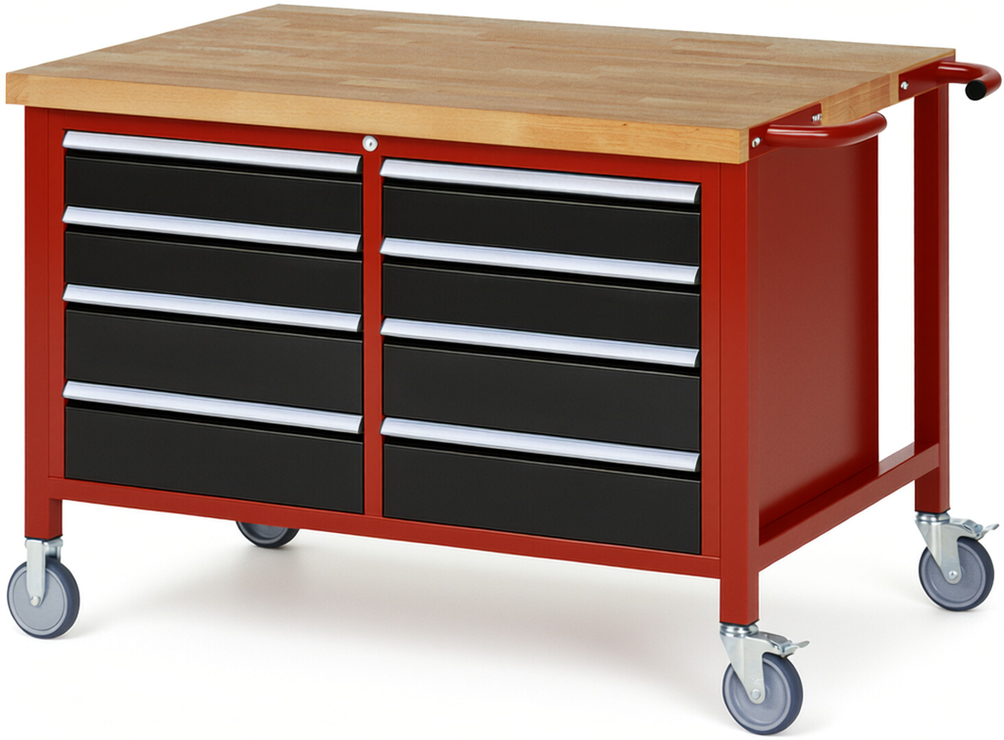 Fahrbare Werkbank Modell 8477 rot - schwarz, BxTxH 1250x900x880-1080 mm,  Buche-Massiv Arbeitsplatte 40 mm,  8 Schubladen mit  Auszug 90 %