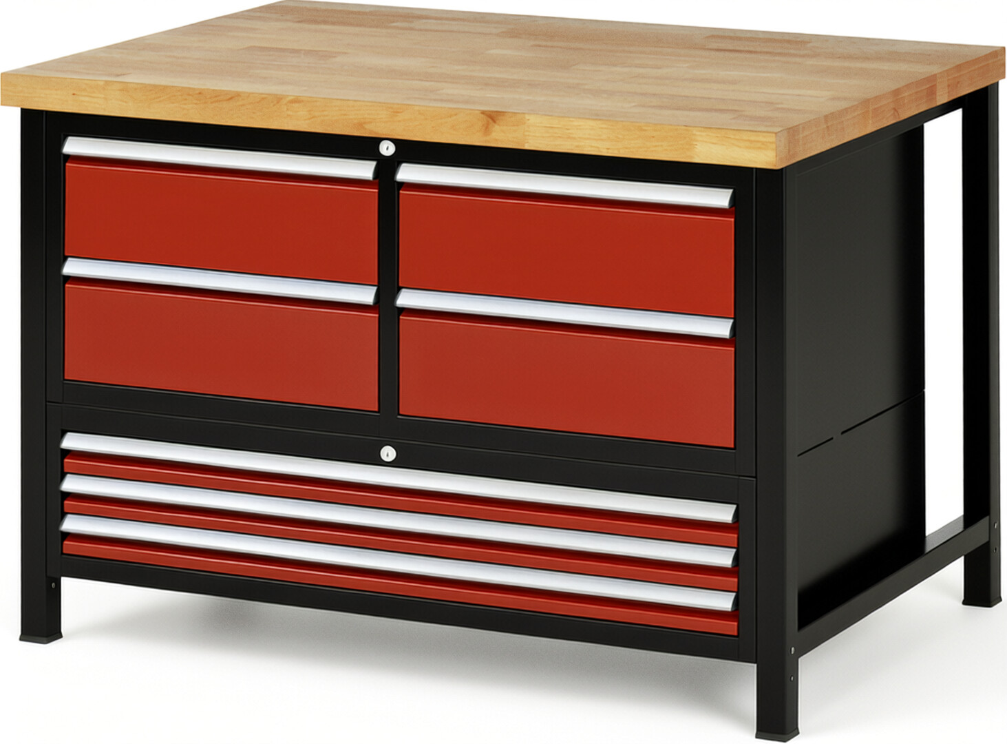 RAU Werkbank schwarz - rot - Breite 125 cm - Tiefe 90 cm - Höhe 104 cm - Buche-Massiv Arbeitsplatte 40 mm