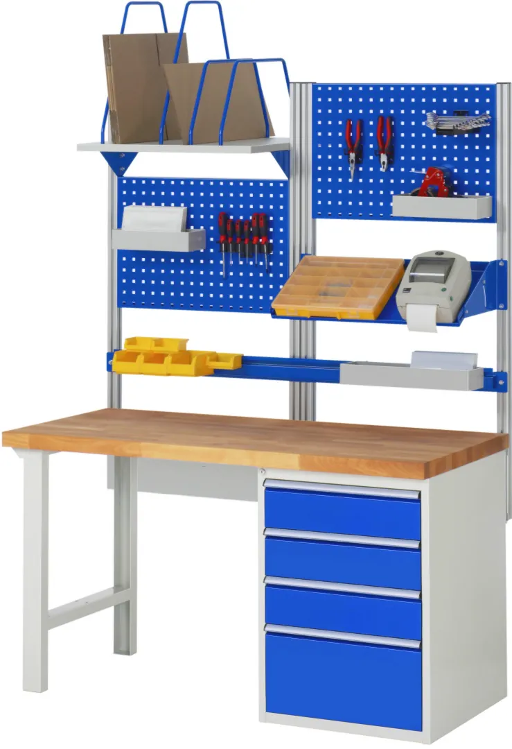 Werkbank Modell 7509 schwarz, BxTxH 1500x900x840 mm,  Buche-Massiv Arbeitsplatte 40 mm,  4 Schubladen mit  Vollauszug 100 % und  SoftClosing