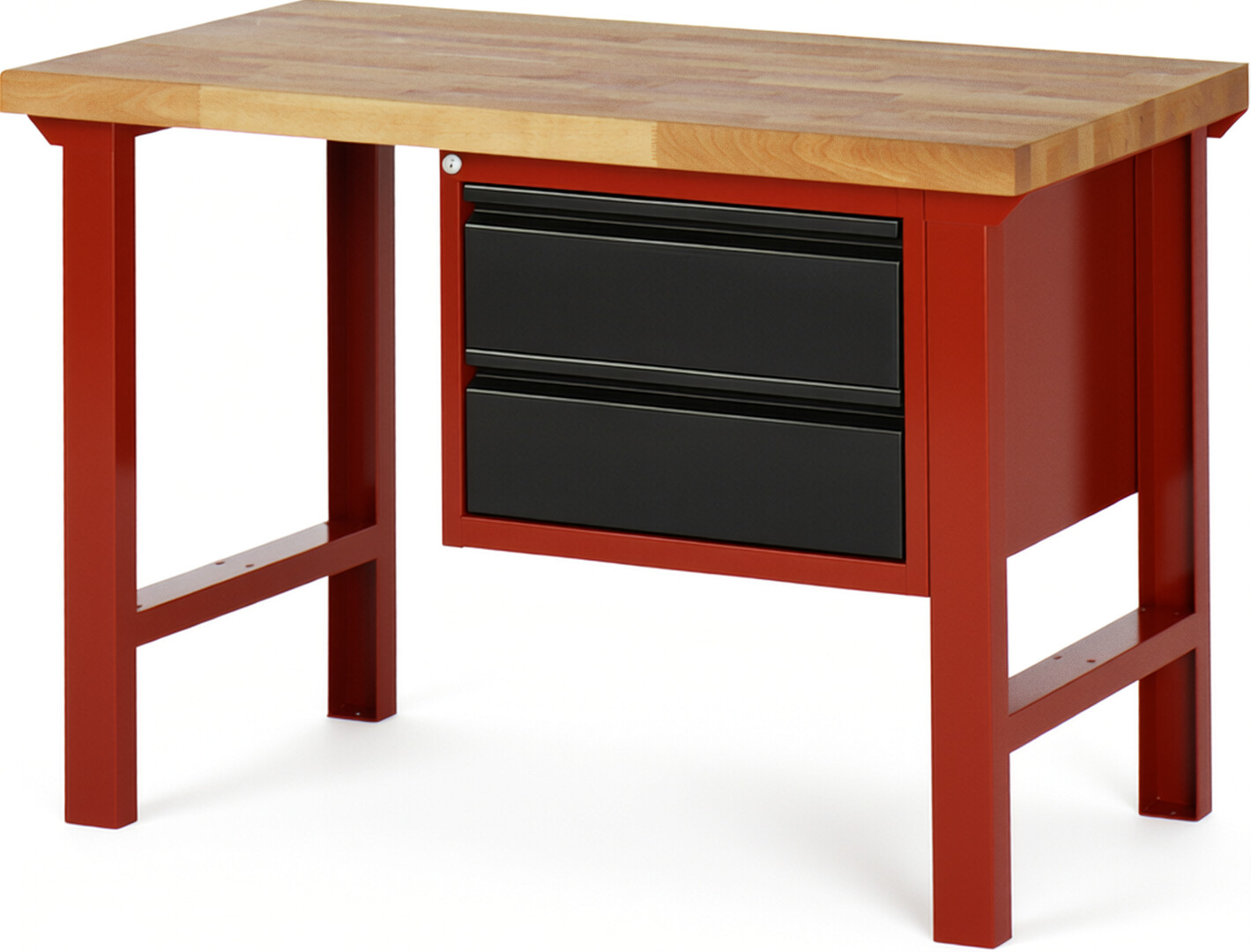 Werkbank rot - schwarz, Breite 125 cm, Tiefe 70 cm, Höhe 84 cm, 2 Schublade(n), Platte: Buche-Massiv-Arbeitsplatte