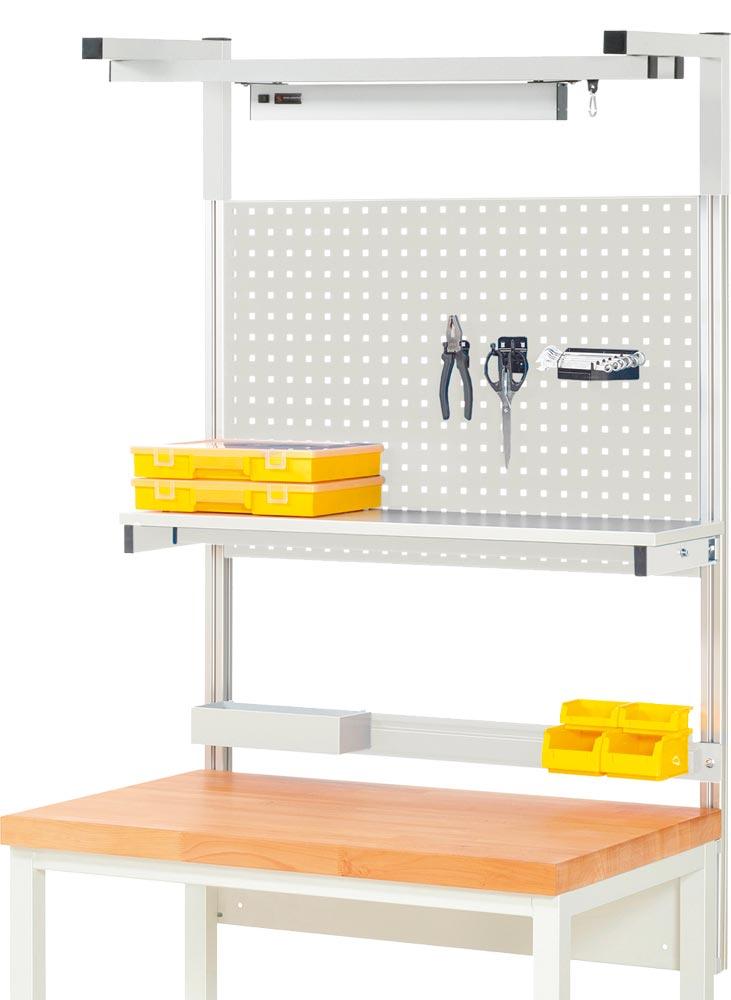 Aufbau für Werkbank B 1000 mm mit Auslegerpaar, 2 x Laufschiene, Laufwagen, LED-Leuchte, Lochplatte H 450mm, Halteschiene, RAL 7035